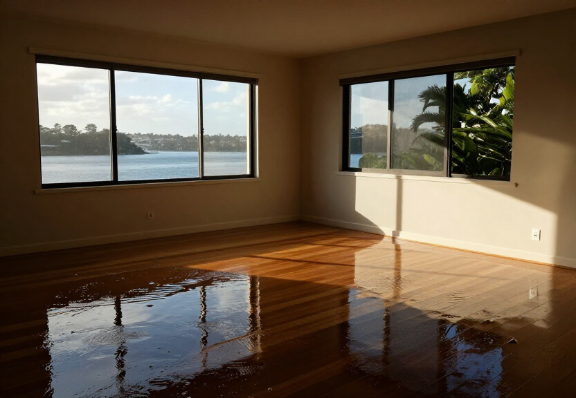 Flood-damaged living room in Rose Bay before restoration
